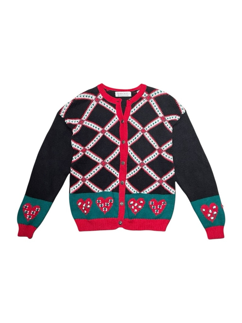 Vintage‎ Knit Cardigan Sweater Heart Argyle Red Black Green Women’s Medium